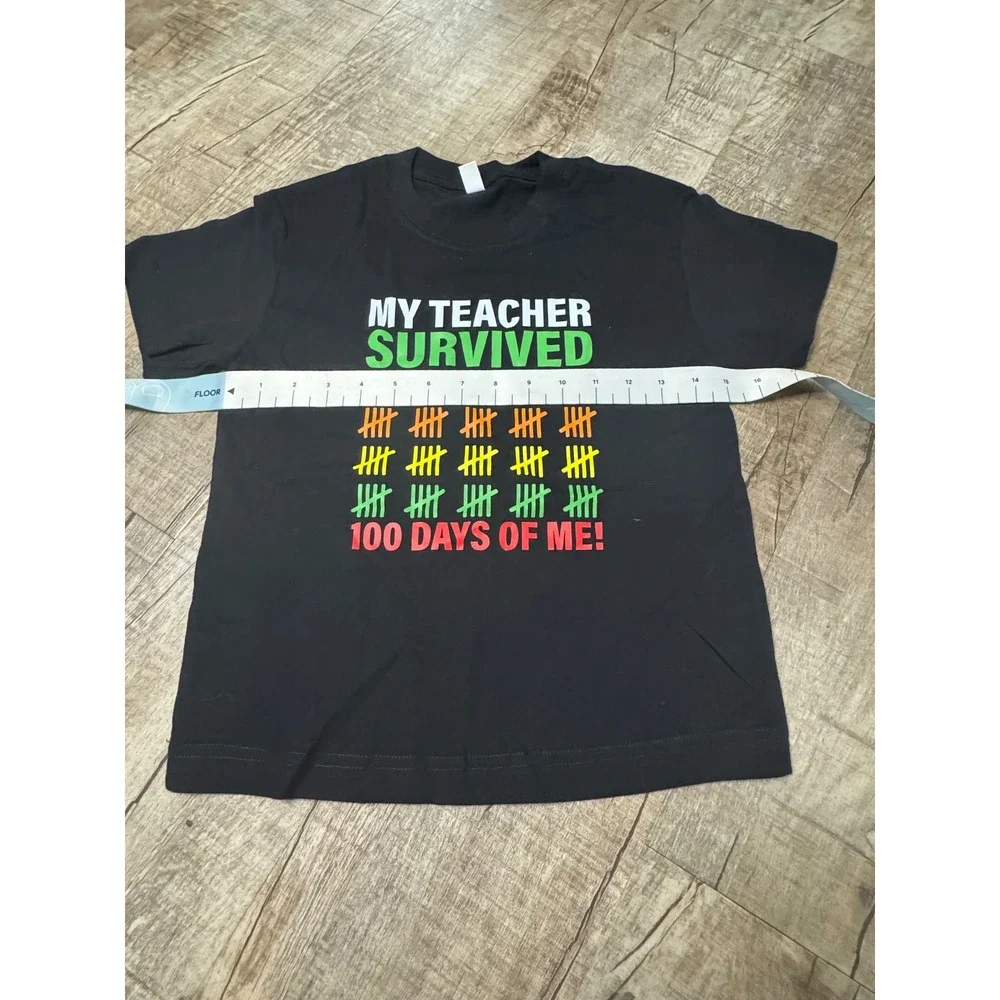 100 Days of School Kids T-Shirt My Teacher Survived Black Graphic Size 130 7/8